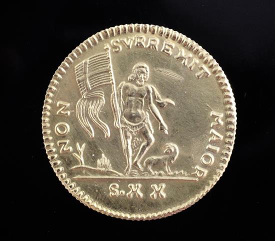 A Knights of Malta replica 18ct gold 20 Scudi coin, bearing date 1764, Dia 27mm; 10.g